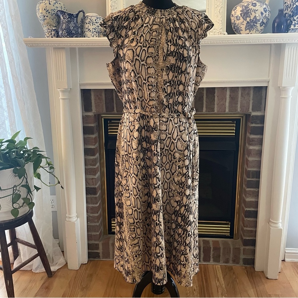 Nina Leonard Snake Print Midi Dress in Black and Cream Smocked Neck Size XL